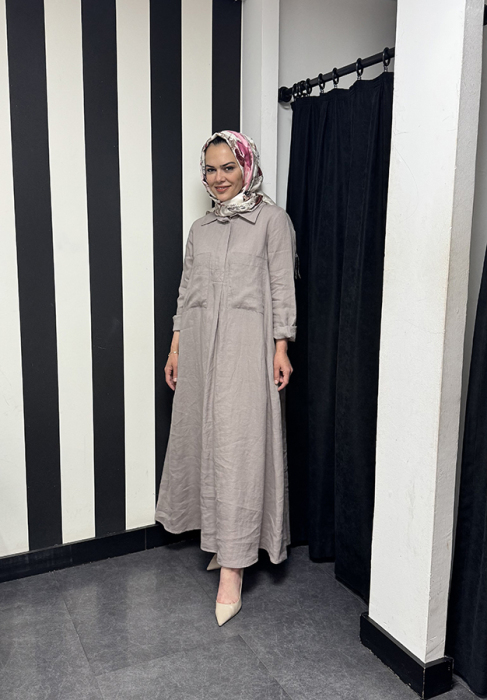 MissDalida Cepli Düz Renk Keten Gömlek Elbise MİNK - 1