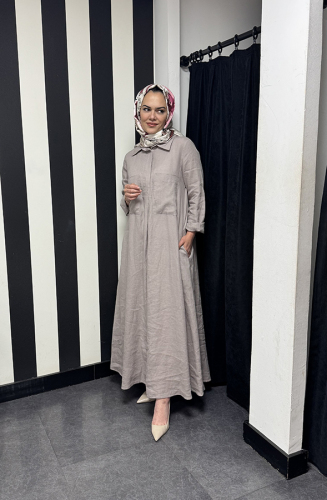 MissDalida Cepli Düz Renk Keten Gömlek Elbise MİNK - 2