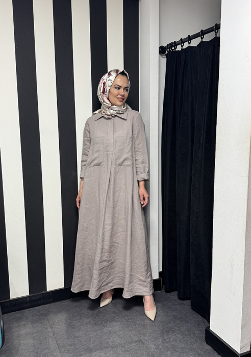 MissDalida Cepli Düz Renk Keten Gömlek Elbise MİNK - 3