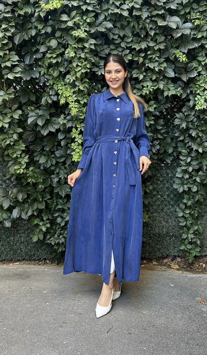 MissDalida Düğme Detaylı Kuşaklı Gömlek Yaka Elbise Navy Blue - 1