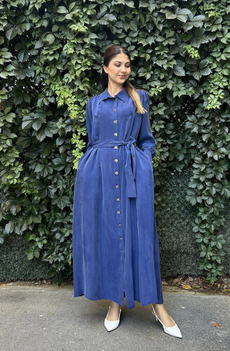 MissDalida Düğme Detaylı Kuşaklı Gömlek Yaka Elbise Navy Blue - 2