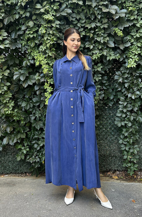 MissDalida Düğme Detaylı Kuşaklı Gömlek Yaka Elbise Navy Blue - 2