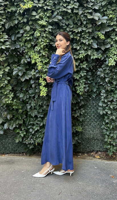 MissDalida Düğme Detaylı Kuşaklı Gömlek Yaka Elbise Navy Blue - 3