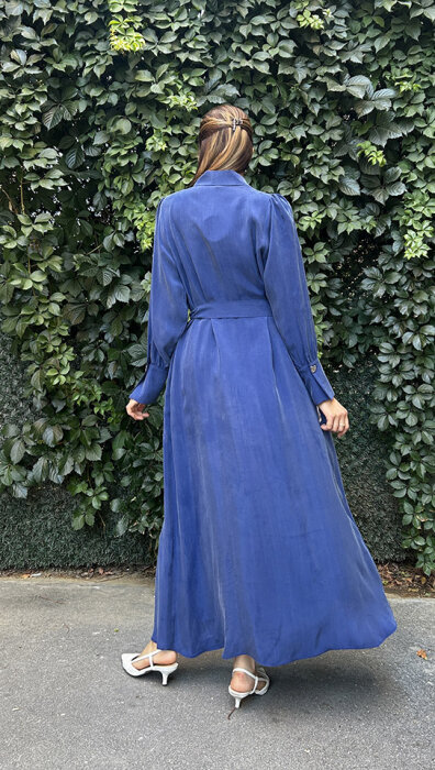 MissDalida Düğme Detaylı Kuşaklı Gömlek Yaka Elbise Navy Blue - 4