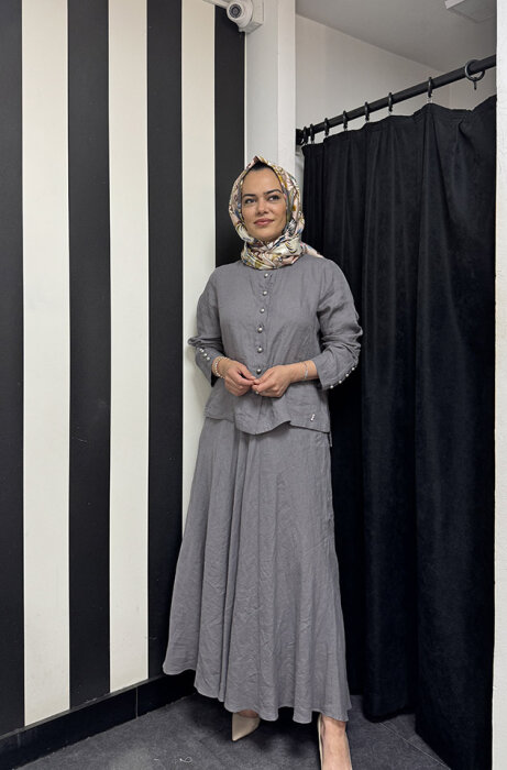 MissDalida Düz Renk Keten Kloş Etek ANTRASİT - 1