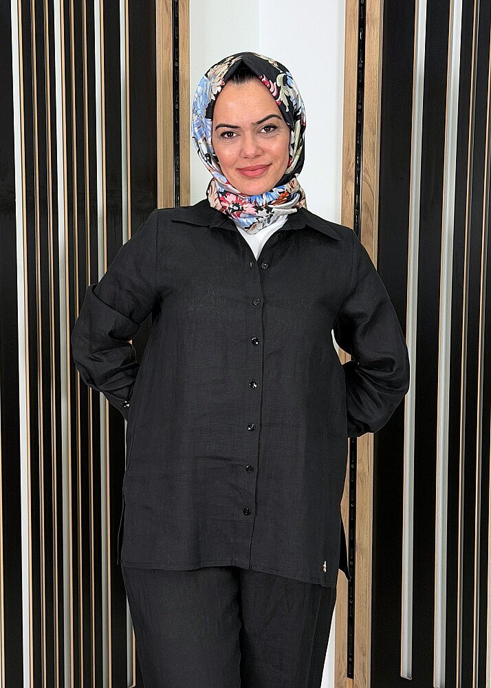 MissDalida Erkek Yaka Düz Renk Keten Gömlek BLACK - 2