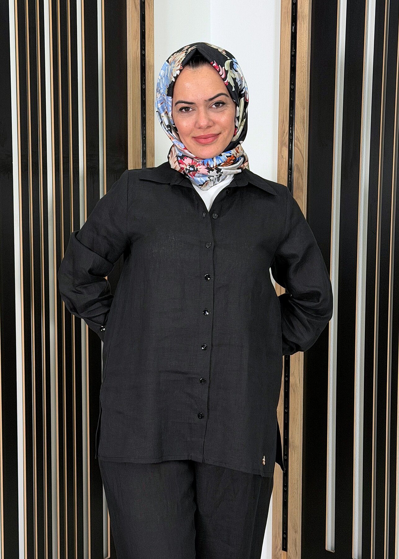 MissDalida Erkek Yaka Düz Renk Keten Gömlek BLACK - 2