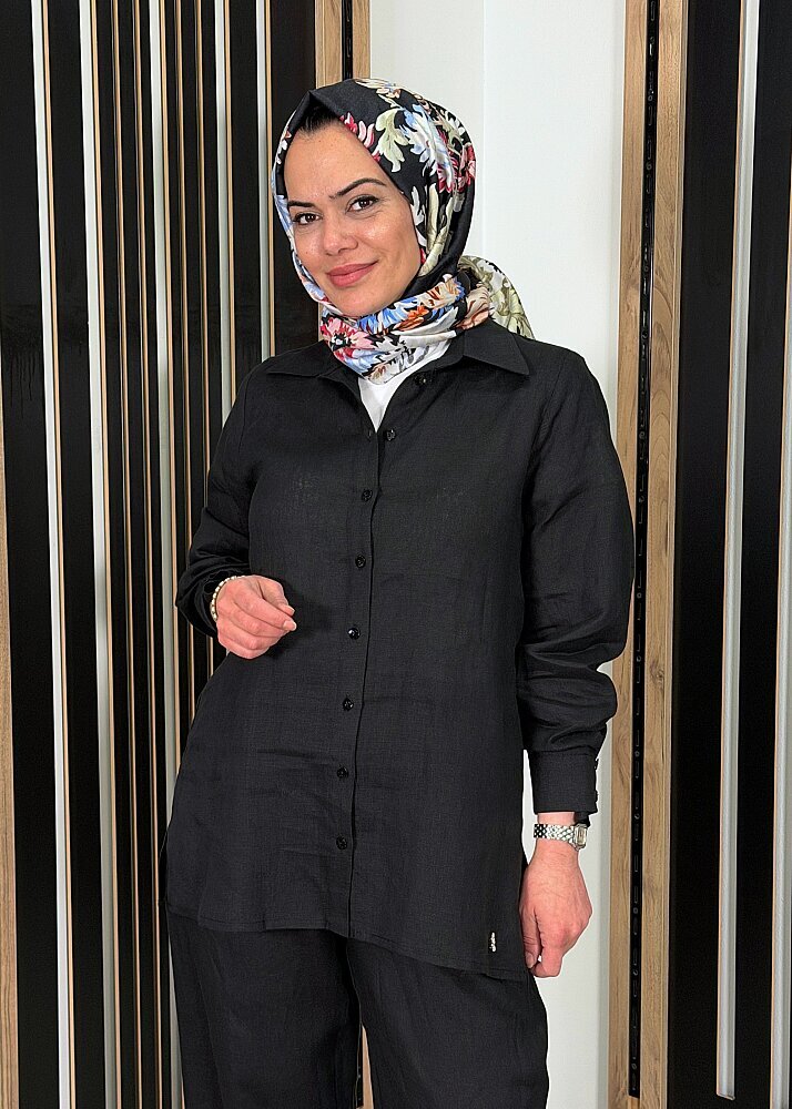 MissDalida Erkek Yaka Düz Renk Keten Gömlek BLACK