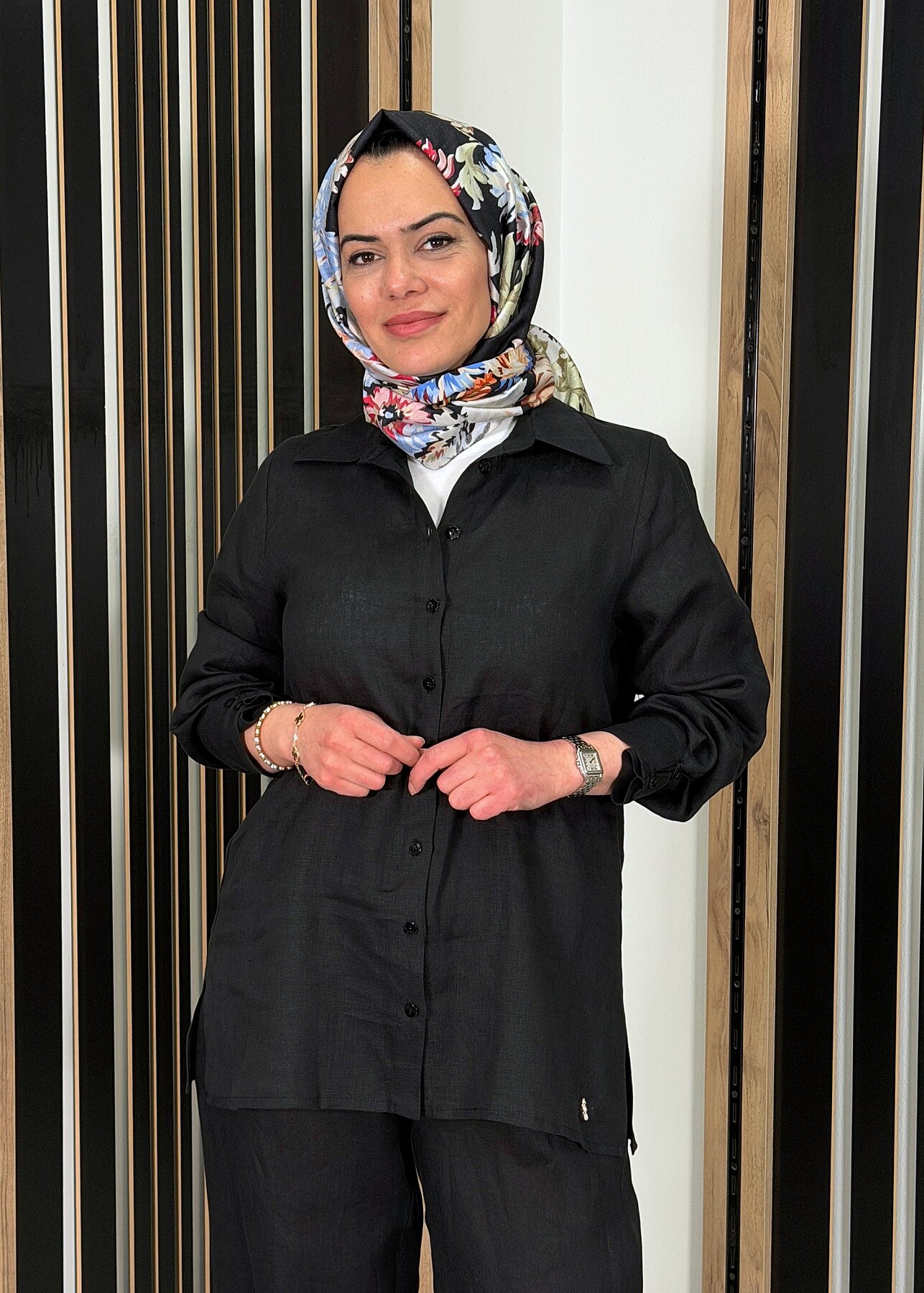MissDalida Erkek Yaka Düz Renk Keten Gömlek BLACK - 3