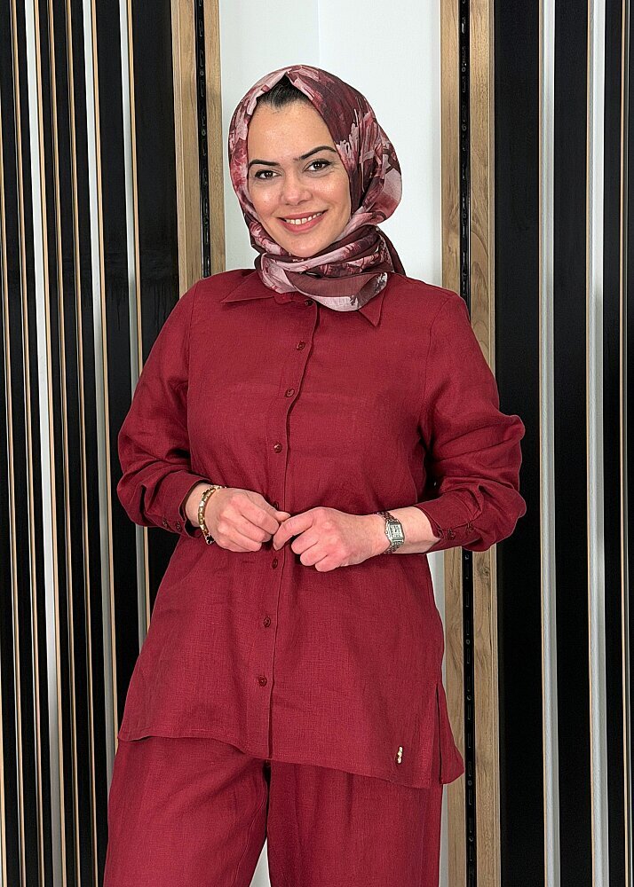 MissDalida Erkek Yaka Düz Renk Keten Gömlek Cherry - 2