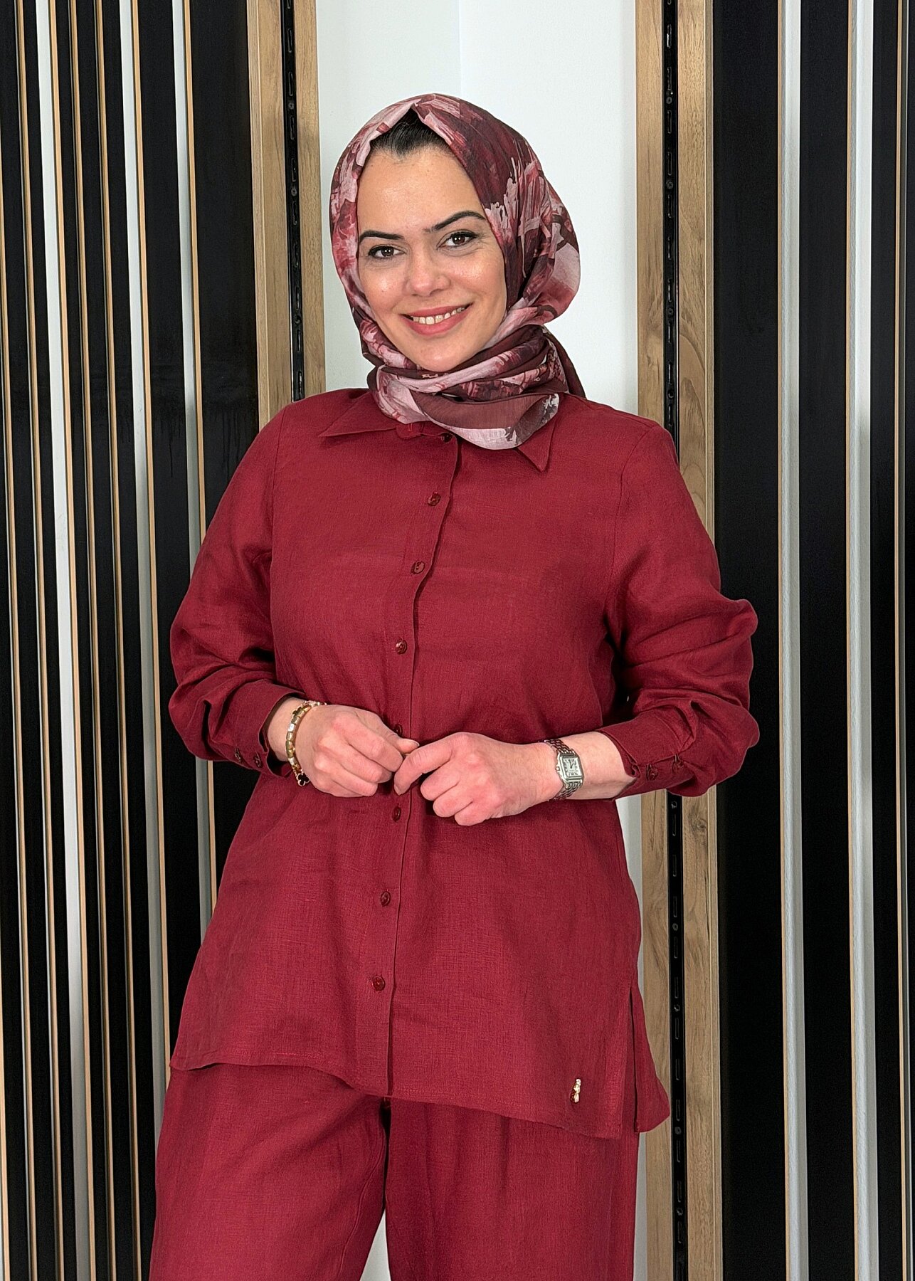 MissDalida Erkek Yaka Düz Renk Keten Gömlek Cherry - 2