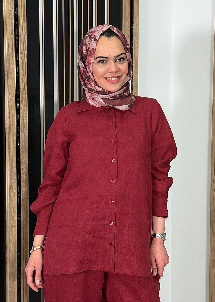 MissDalida Erkek Yaka Düz Renk Keten Gömlek Cherry - 3