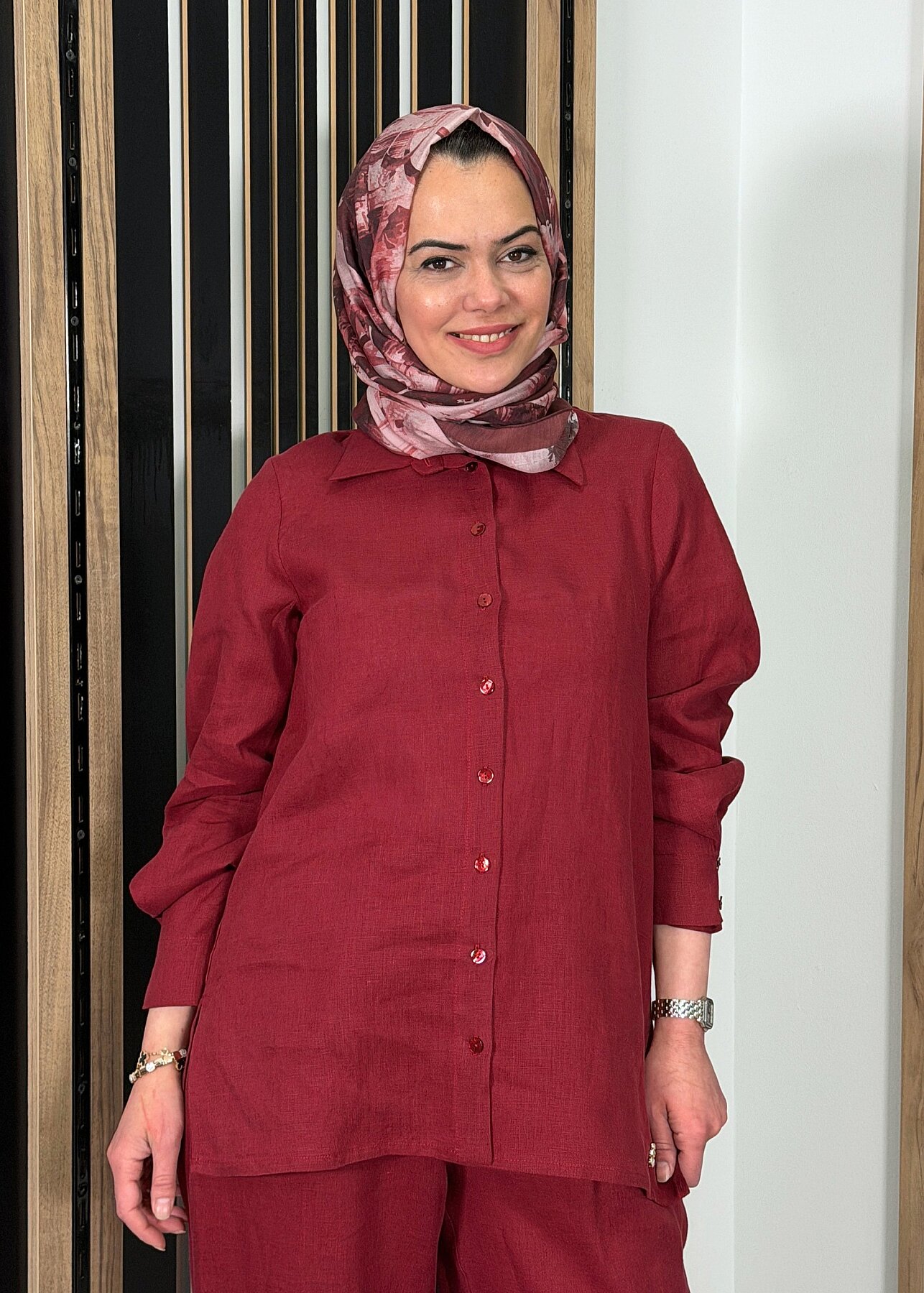 MissDalida Erkek Yaka Düz Renk Keten Gömlek Cherry - 3