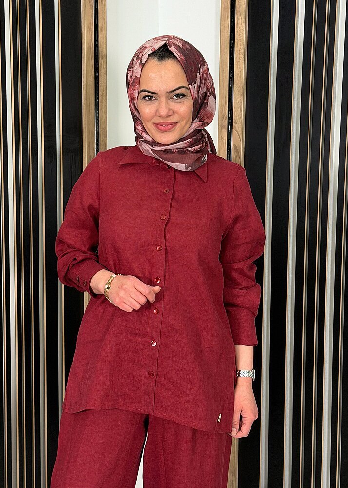 MissDalida Erkek Yaka Düz Renk Keten Gömlek Cherry