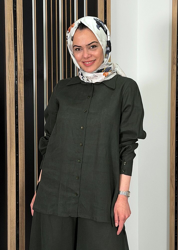 MissDalida Erkek Yaka Düz Renk Keten Gömlek KHAKİ