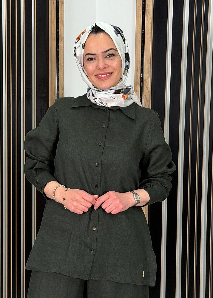 MissDalida Erkek Yaka Düz Renk Keten Gömlek KHAKİ - 3