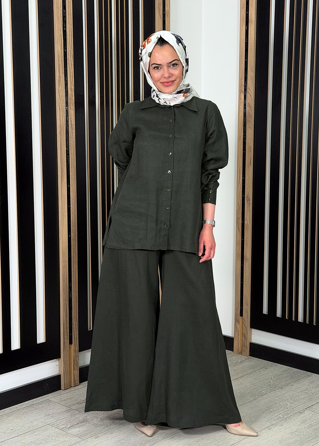 MissDalida Geniş Paça Keten Pantolon KHAKİ - 1