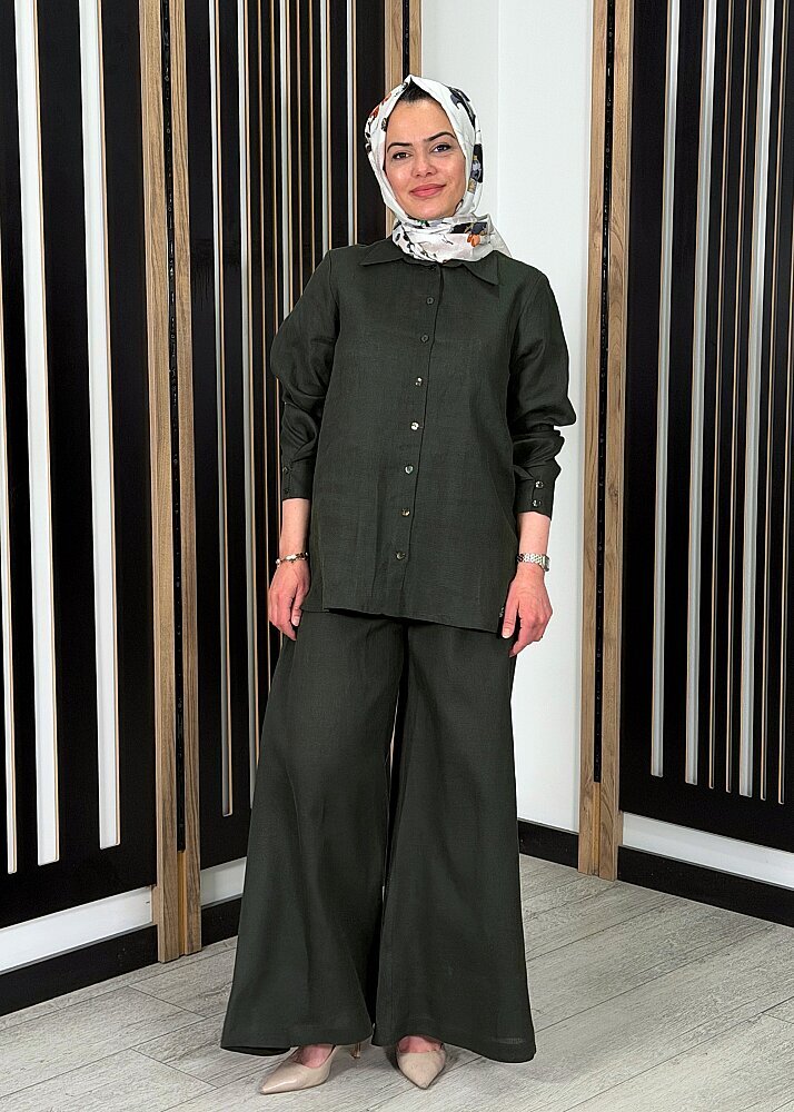 MissDalida Geniş Paça Keten Pantolon KHAKİ - 3