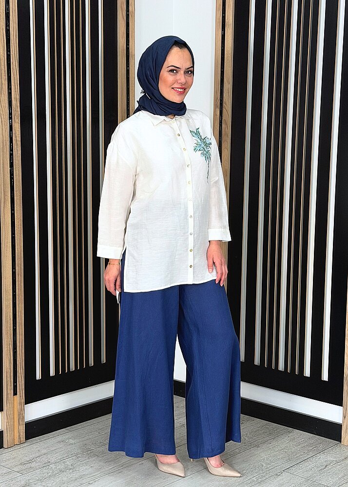 MissDalida Geniş Paça Keten Pantolon Navy - 3