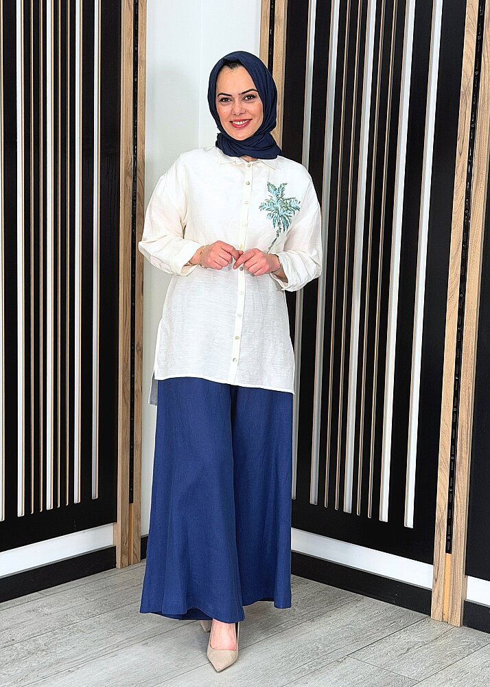 MissDalida Geniş Paça Keten Pantolon Navy (1)