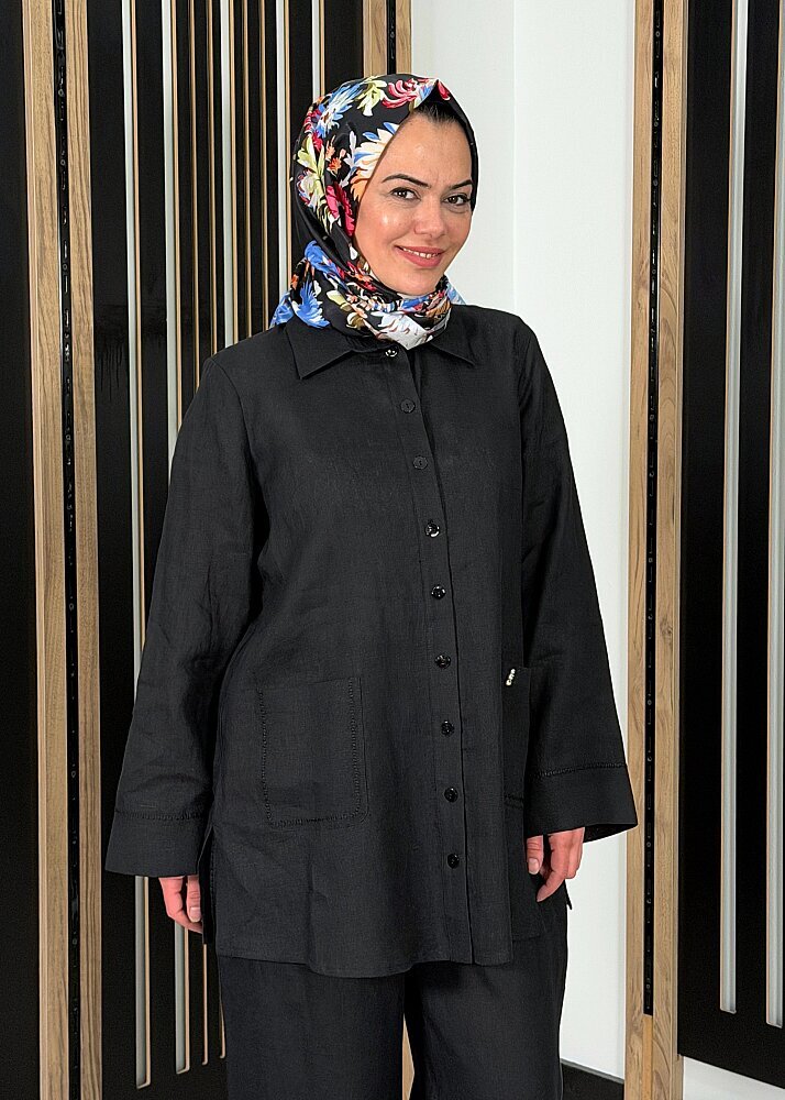 MissDalida Minimal Nakışlı Cepli Keten Gömlek BLACK