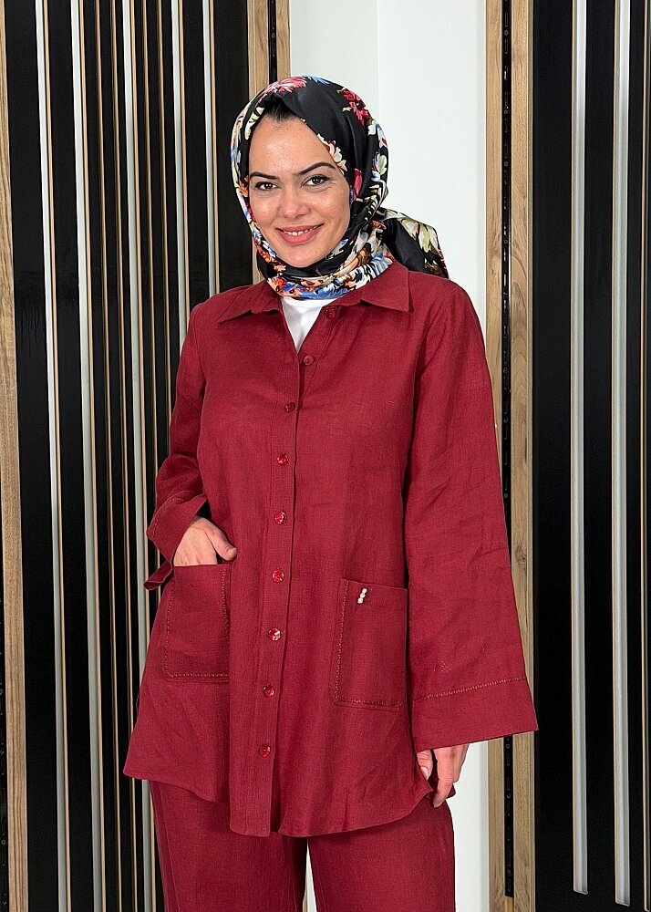 MissDalida Minimal Nakışlı Cepli Keten Gömlek Cherry - 3