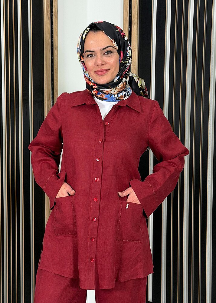 MissDalida Minimal Nakışlı Cepli Keten Gömlek Cherry