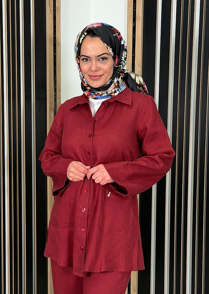 MissDalida Minimal Nakışlı Cepli Keten Gömlek Cherry - 4