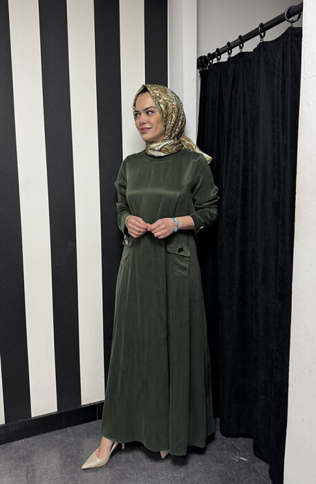 MissDalida Önü Cepli Cupra Elbise HAKİ - 1