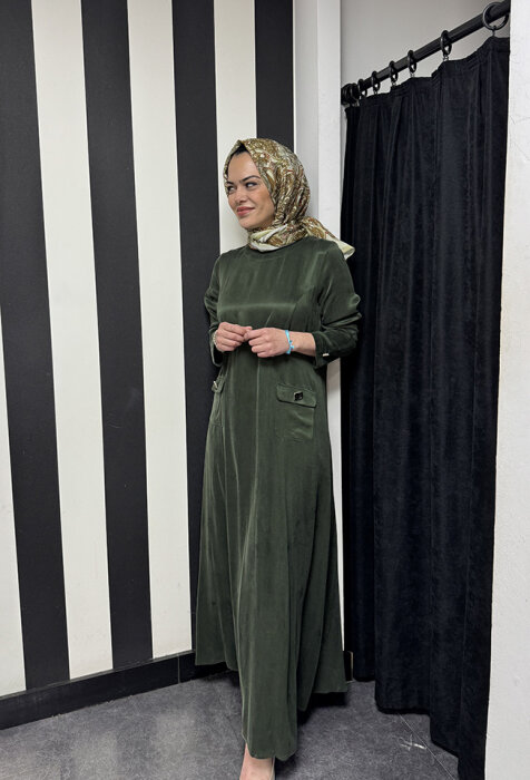 MissDalida Önü Cepli Cupra Elbise HAKİ - 3