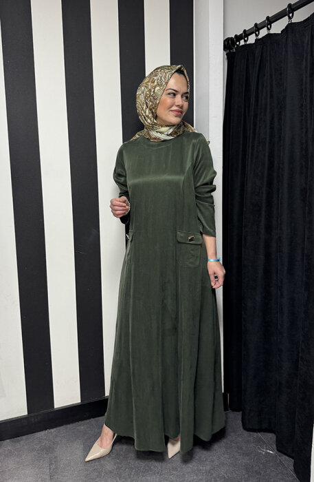 MissDalida Önü Cepli Cupra Elbise HAKİ - 4