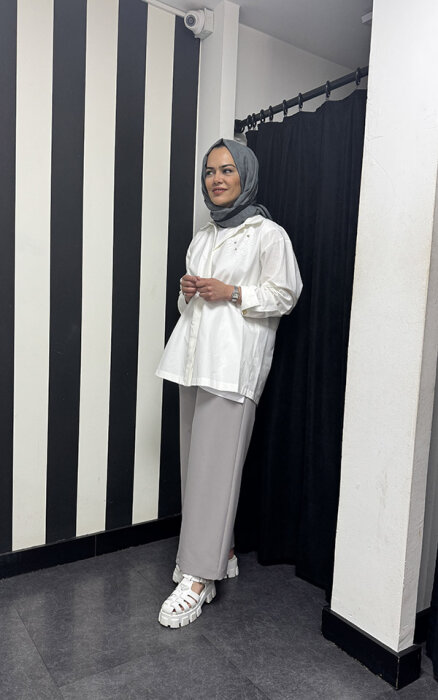 MissEmramiss Bel Lastikli Krep Pantolon GRİ - 1