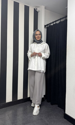 MissEmramiss Bel Lastikli Krep Pantolon GRİ - 2