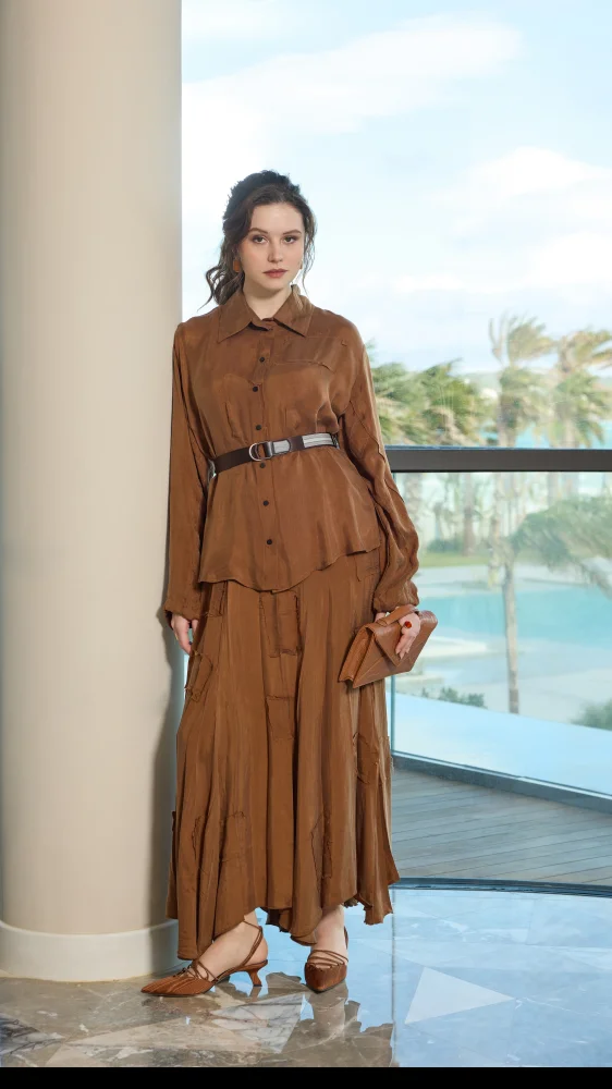 MissWhence Asimetrik Dikişli Etekli Takım KAHVERENGİ