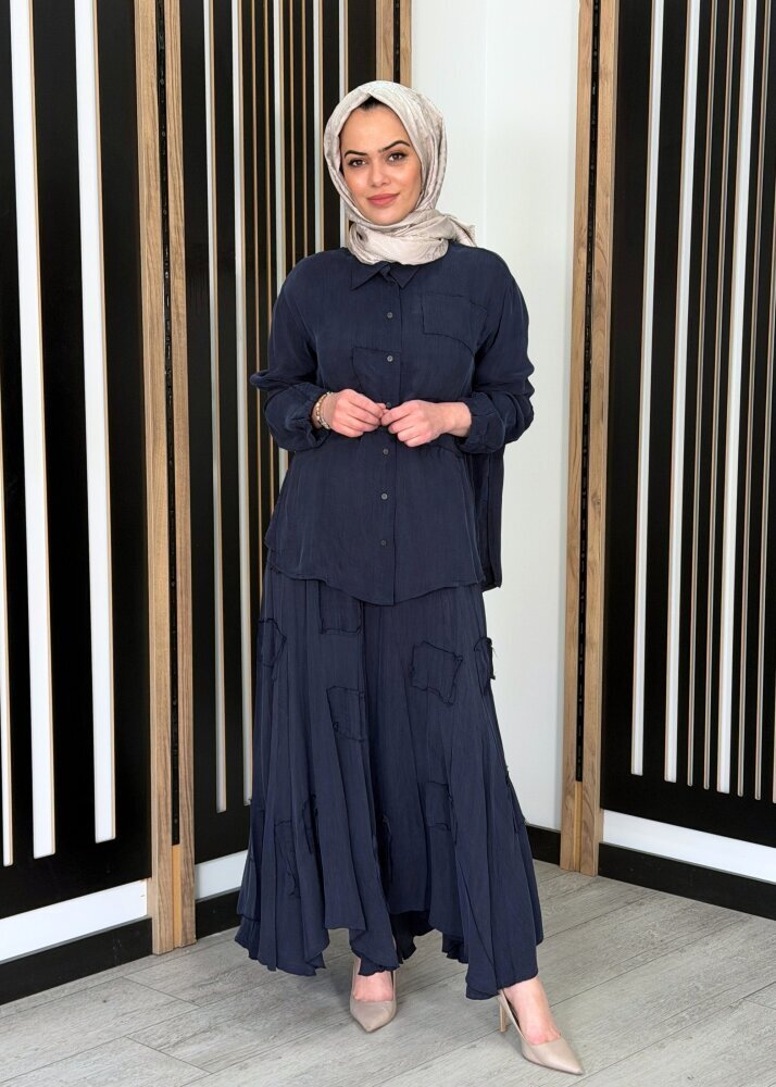 MissWhence Asimetrik Dikişli Etekli Takım LACİVERT - 2