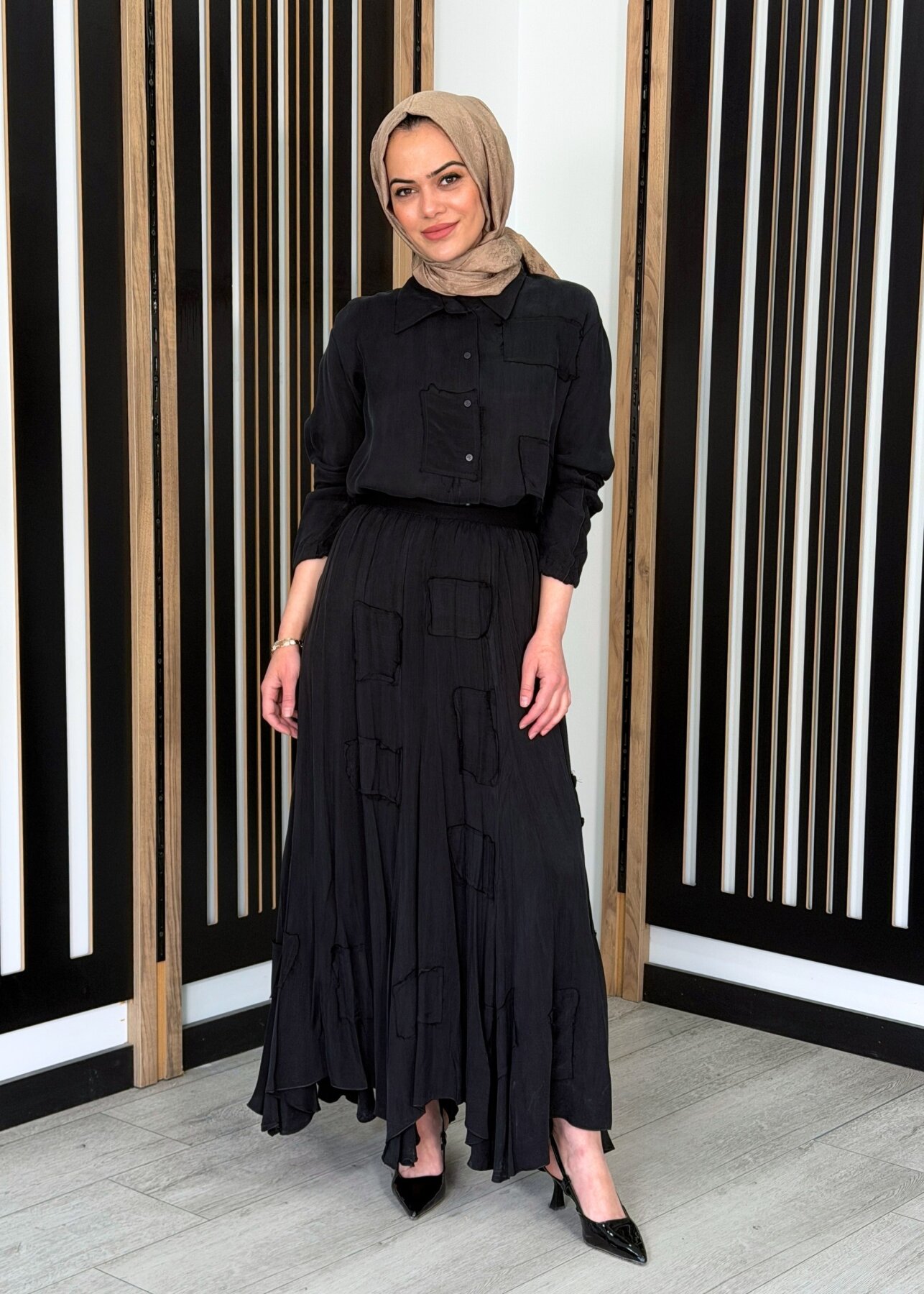 MissWhence Asimetrik Dikişli Etekli Takım SİYAH - 1