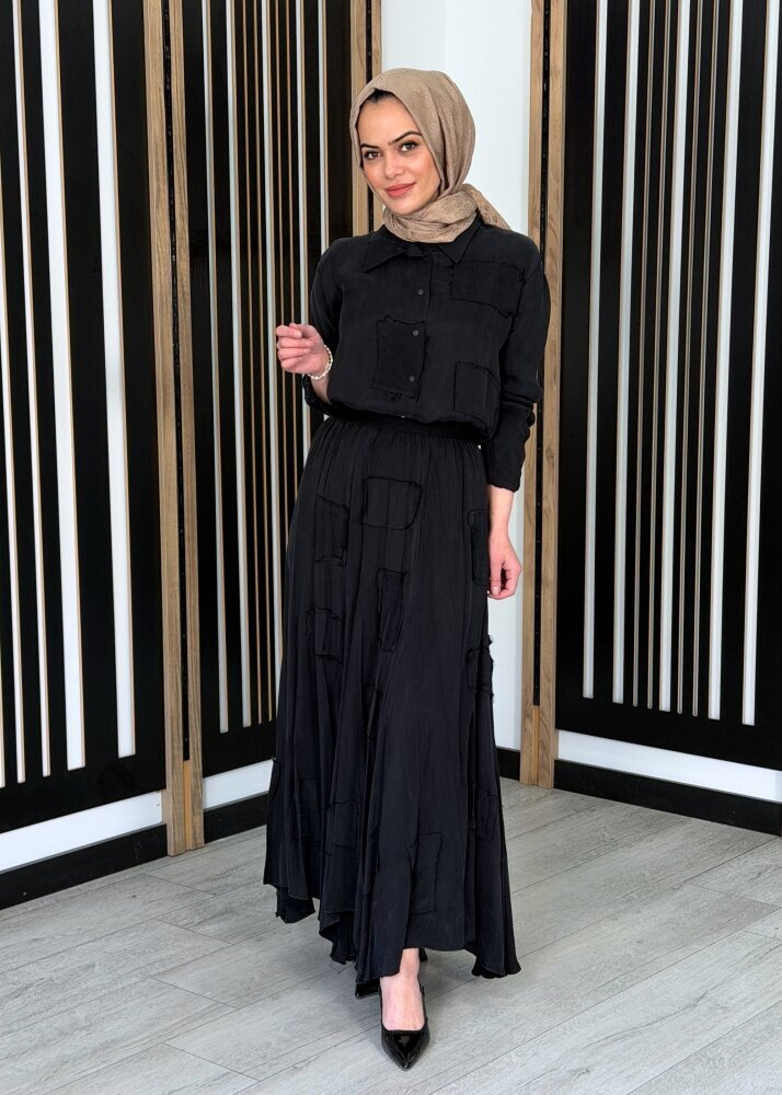 MissWhence Asimetrik Dikişli Etekli Takım SİYAH - 3