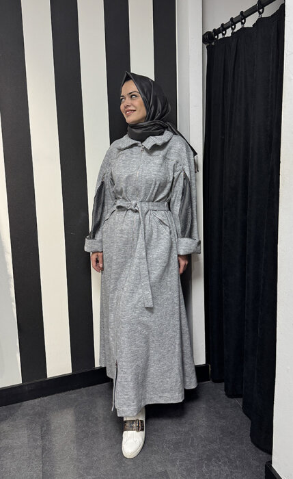 MissWhence Belden Kuşaklı Fermualı Pardesü GRİ - 3