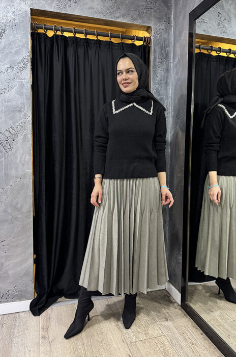 MissWhence Beli Lastikli Pliseli Etek GRİ - 2