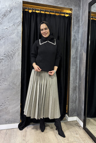 MissWhence Beli Lastikli Pliseli Etek GRİ - 1