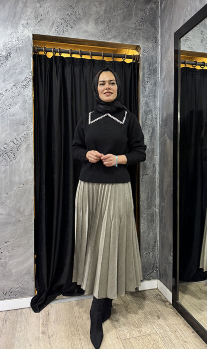 MissWhence Beli Lastikli Pliseli Etek GRİ - 7