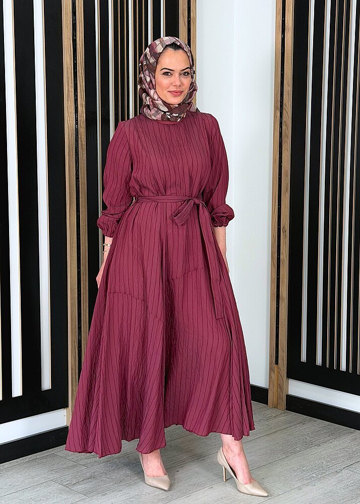 MissWhence Bileği Lastikli Kuşaklı Elbise BORDO