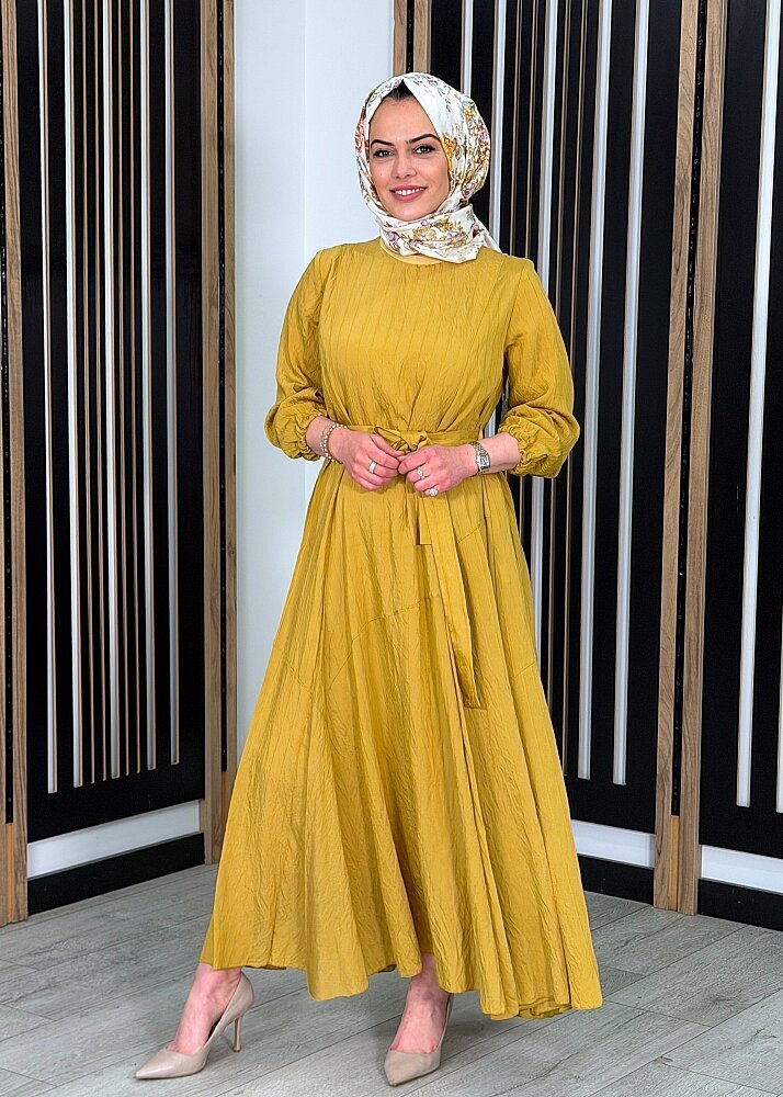 MissWhence Bileği Lastikli Kuşaklı Elbise SAFRAN 