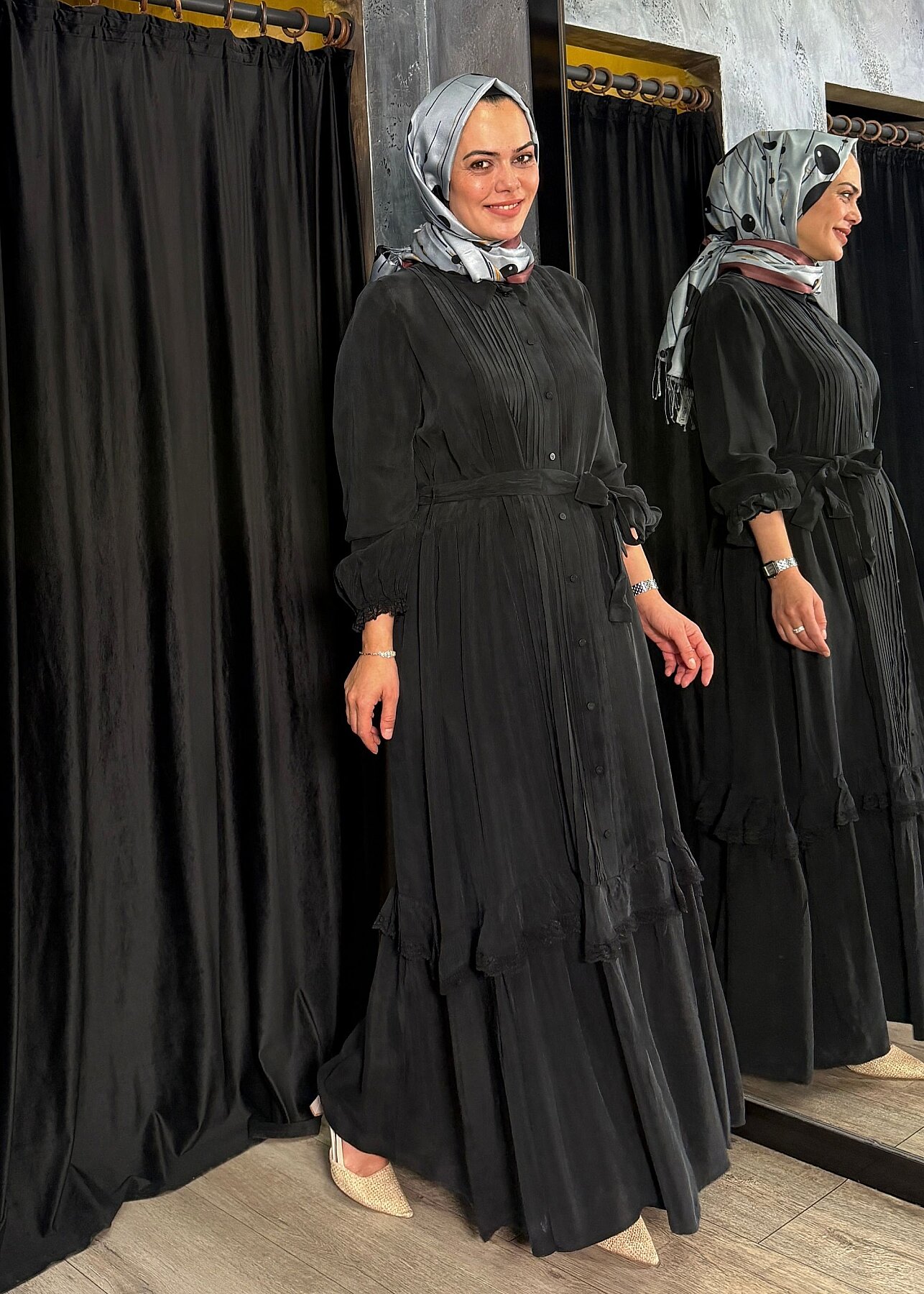 MissWhence Bilek ve Etek Kısmı Dantelli Düğmeli Elbise SİYAH - 5