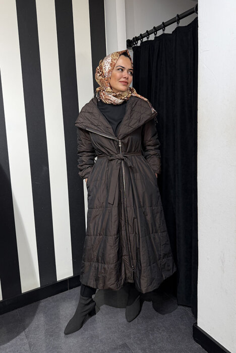 MissWhence Boydan Fermuarlı Kapişonlu Pardesü KAHVERENGİ - 3