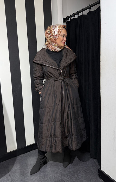 MissWhence Boydan Fermuarlı Kapişonlu Pardesü KAHVERENGİ - 4