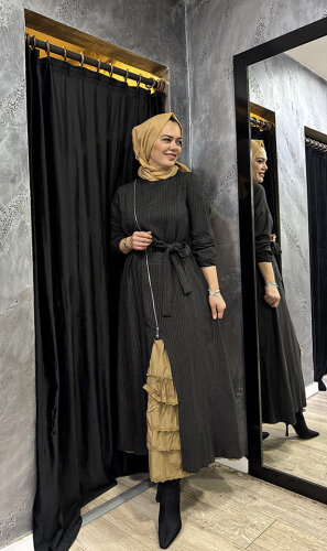 MissWhence Çizgili Önü Fermuarlı İkili Elbise ORJİNAL - 3