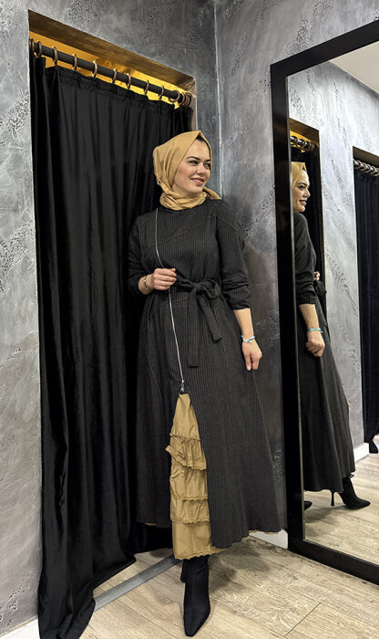 MissWhence Çizgili Önü Fermuarlı İkili Elbise ORJİNAL - 3
