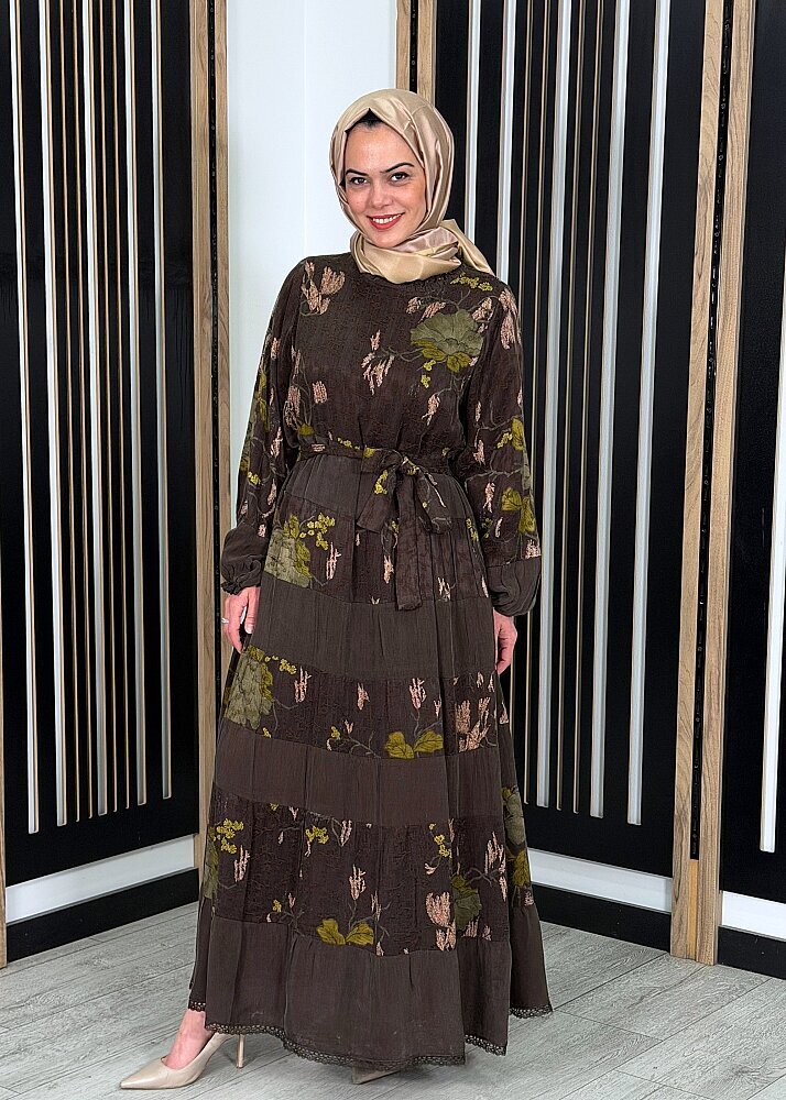 MissWhence Dantel Detaylı Çiçek Desenli Elbise KAHVE