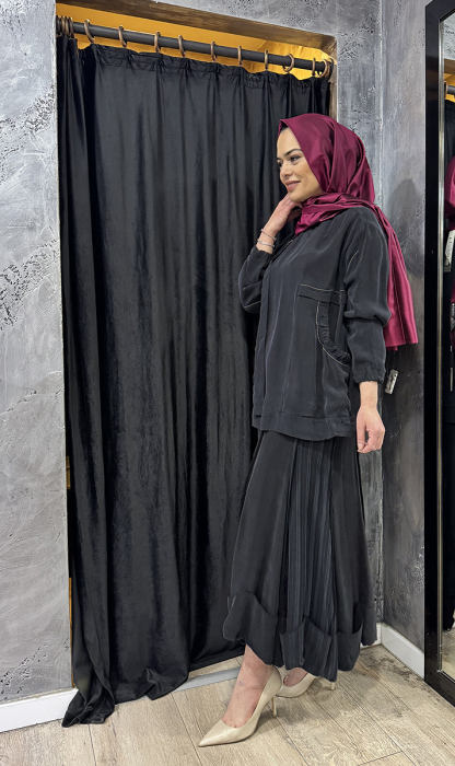 MissWhence Etek Ucu Pliseli Etek SİYAH - 2